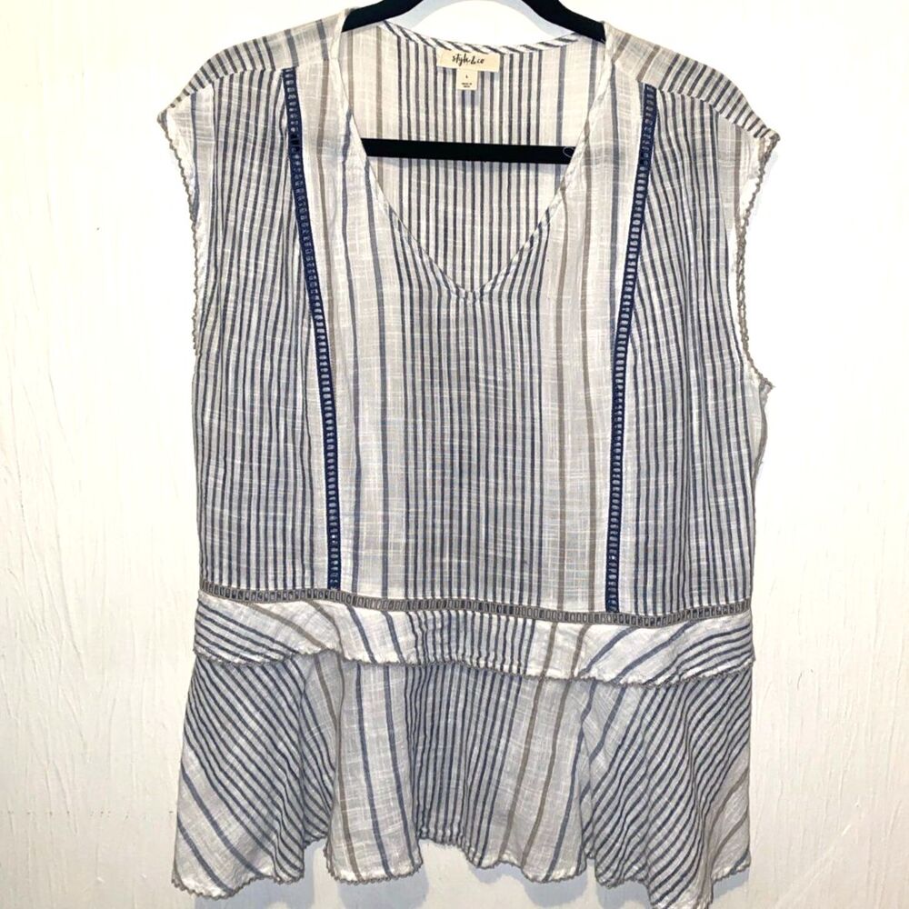 Style & Co Blue Tan Stripe 100% Cotton Lace Trim Peplum Blouse Large L
